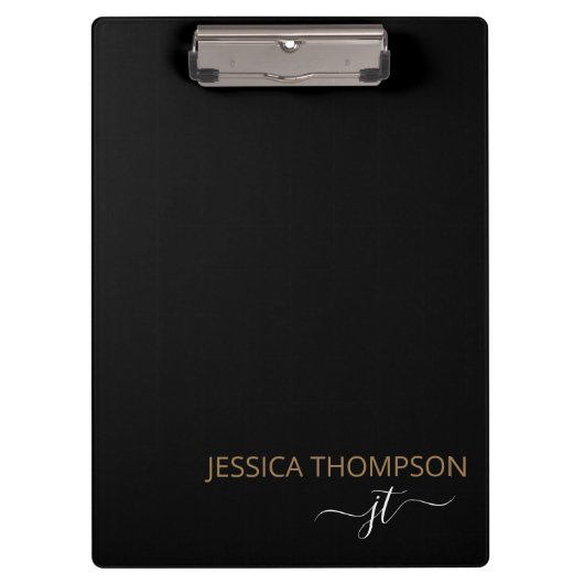 黒モダン金ゴールドシンプルスクリプトモノグラム名  クリップボード (正面)