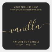 黒モダン金ゴールドスクリプトろうそく製品ラベル スクエアシール (正面)