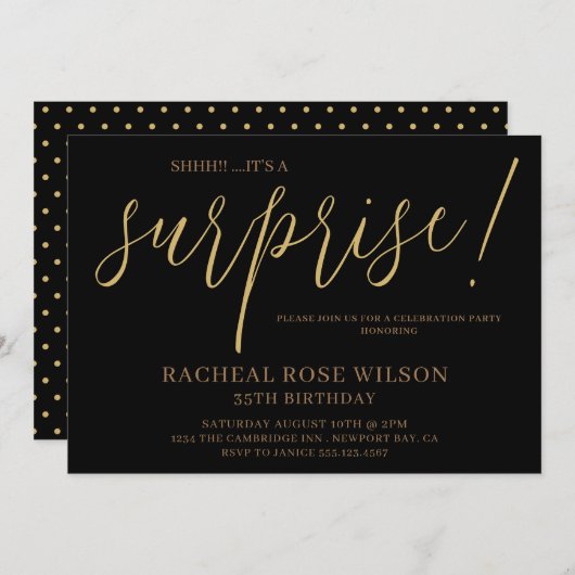 黒モダン金ゴールドスクリプトサプライズ誕生日パーティー 招待状 (正面/裏面)
