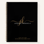 黒モダン金ゴールドスクリプトモノグラムイニシャル名 ノートブック (正面)