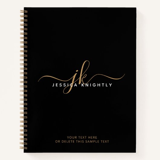 黒モダン金ゴールドスクリプトモノグラムイニシャル名 ノートブック (正面)