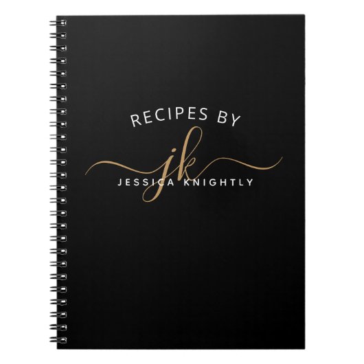 黒モダン金ゴールドスクリプトモノグラム名スタイリッシュ ノートブック (正面)