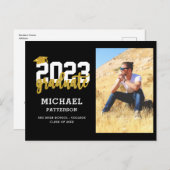 黒モダン金ゴールドスクリプト写真卒業 案内ポストカード (正面/裏面)