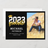 黒モダン金ゴールドスクリプト写真卒業 案内状 (正面/裏面)