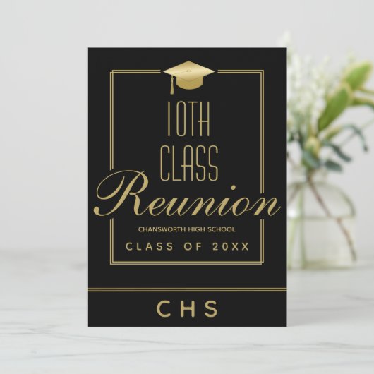 黒モダン金ゴールドスクリプト10番目のクラス懇親会 招待状 (スタンド正面)