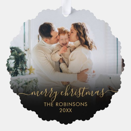 黒モダン金ゴールドスクリプト2家族の写真クリスマス オーナメントカード (裏面)