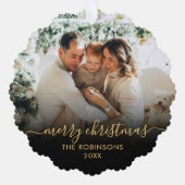 黒モダン金ゴールドスクリプト2家族の写真クリスマス オーナメントカード (正面)