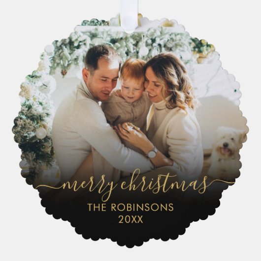 黒モダン金ゴールドスクリプト2家族の写真クリスマス オーナメントカード (正面)