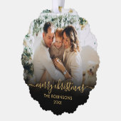 黒モダン金ゴールドスクリプト2家族の写真クリスマス オーナメントカード (左)