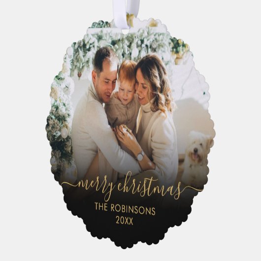 黒モダン金ゴールドスクリプト2家族の写真クリスマス オーナメントカード (左)