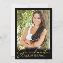 黒モダン金ゴールドスクリプト5写真卒業 案内状