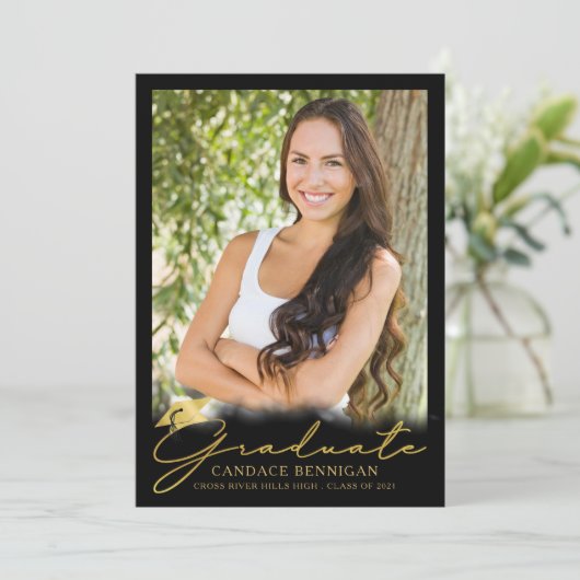 黒モダン金ゴールドスクリプト5写真卒業 案内状 (スタンド正面)