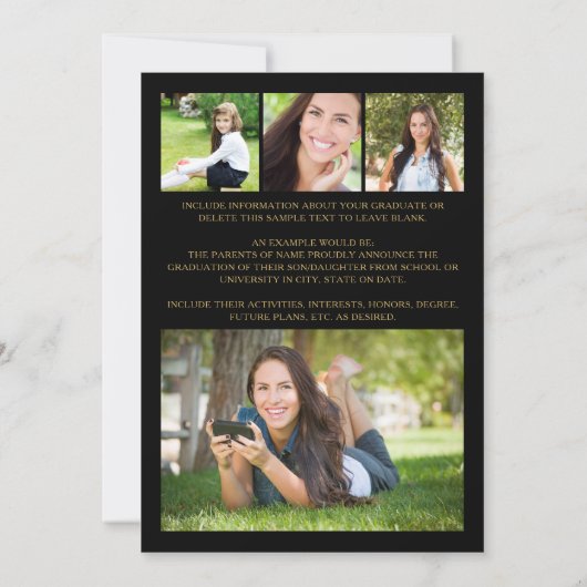 黒モダン金ゴールドスクリプト5写真卒業 案内状 (裏面)