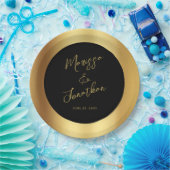 黒モダン金ゴールドスクリプ結婚ト光沢 ペーパープレート (パーティー)