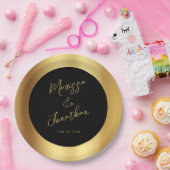 黒モダン金ゴールドスクリプ結婚ト光沢 ペーパープレート (パーティー)