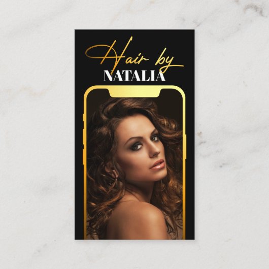 黒モダン金ゴールドスパークルフォトヘアスタイリスト 名刺 (正面)