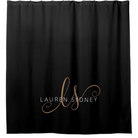 黒モダン金ゴールドスフェミニンクリプトモノグラムの シャワーカーテン (正面)