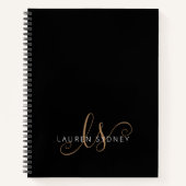 黒モダン金ゴールドスフェミニンクリプトモノグラムの ノートブック (正面)