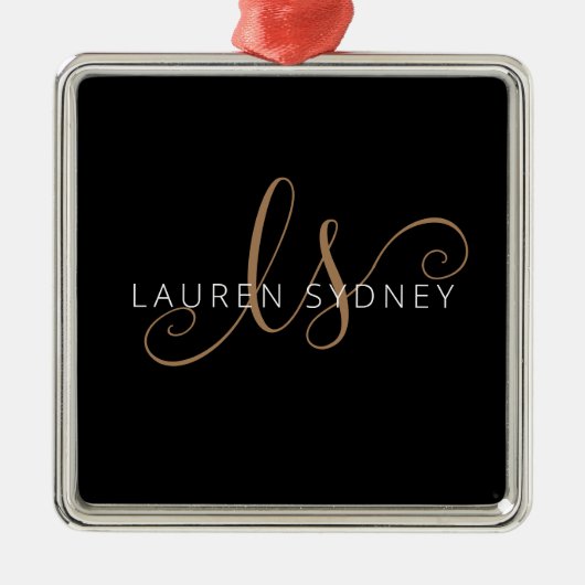 黒モダン金ゴールドスフェミニンクリプトモノグラムの メタルオーナメント (正面)