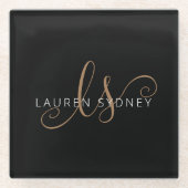 黒モダン金ゴールドスフェミニンクリモノグラムのプト ガラスコースター (正面)