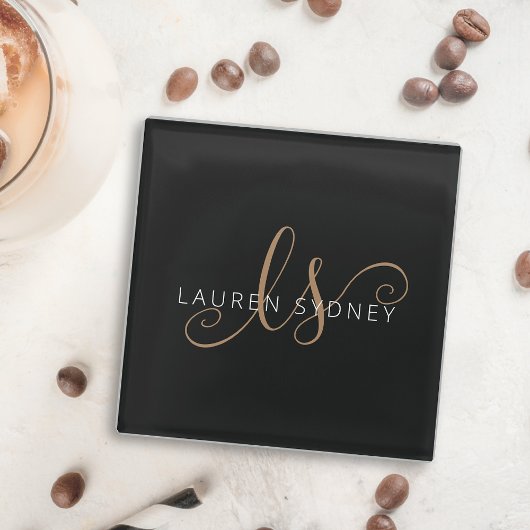 黒モダン金ゴールドスフェミニンクリモノグラムのプト ガラスコースター