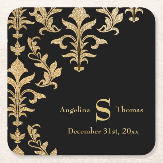 黒モダン金ゴールドダマスクウェディング披露宴デコールP スクエアペーパーコースター (正面)