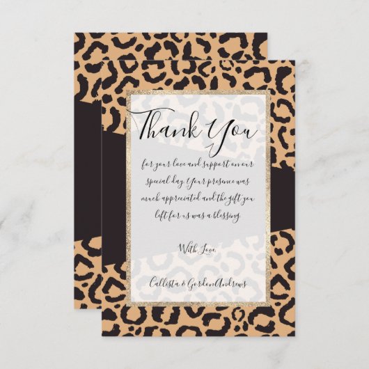 黒モダン金ゴールドチータヒョウアニマルプリント サンキューカード (正面/裏面)