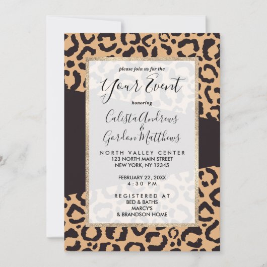 黒モダン金ゴールドチータヒョウアニマルプリント 招待状 (正面)