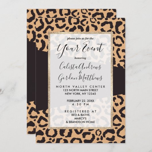 黒モダン金ゴールドチータヒョウアニマルプリント 招待状 (正面/裏面)