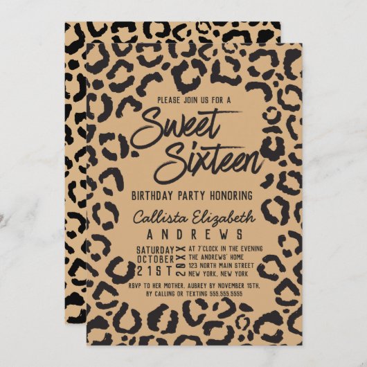黒モダン金ゴールドチータヒョウ甘い16 招待状 (正面/裏面)