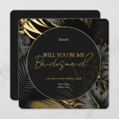 黒モダン金ゴールドトロピカル結婚の花嫁 招待状 (正面/裏面)