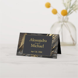 黒モダン金ゴールドトロピカ葉ル結婚 プレイスカード