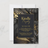黒モダン金ゴールドトロピカ葉ル結婚 出欠カード (正面)