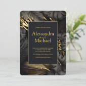 黒モダン金ゴールドトロピカ葉ル結婚 招待状 (スタンド正面)
