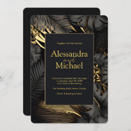 黒モダン金ゴールドトロピカ葉ル結婚 招待状