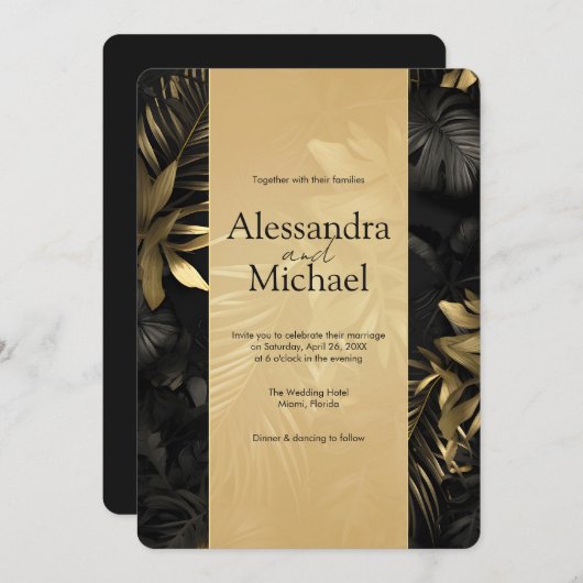黒モダン金ゴールドトロピカ葉ル結婚 招待状 (正面/裏面)