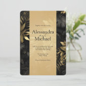 黒モダン金ゴールドトロピカ葉ル結婚 招待状 (スタンド正面)