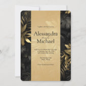 黒モダン金ゴールドトロピカ葉ル結婚 招待状 (正面)