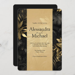 黒モダン金ゴールドトロピカ葉ル結婚 招待状