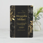 黒モダン金ゴールドトロピカ葉ル結婚 招待状 (スタンド正面)