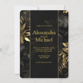黒モダン金ゴールドトロピカ葉ル結婚 招待状 (正面)