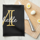 黒モダン金ゴールドパーソナライズされた名モノグラムの キッチンタオル (四つ折り)
