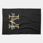 黒モダン金ゴールドパーソナライズされた名モノグラムの キッチンタオル (横)