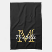 黒モダン金ゴールドパーソナライズされた名モノグラムの キッチンタオル (縦)