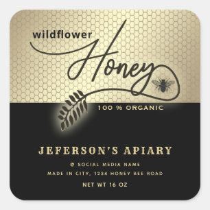 黒モダン金ゴールドビーのスクリプトHoney jar スクエアシール