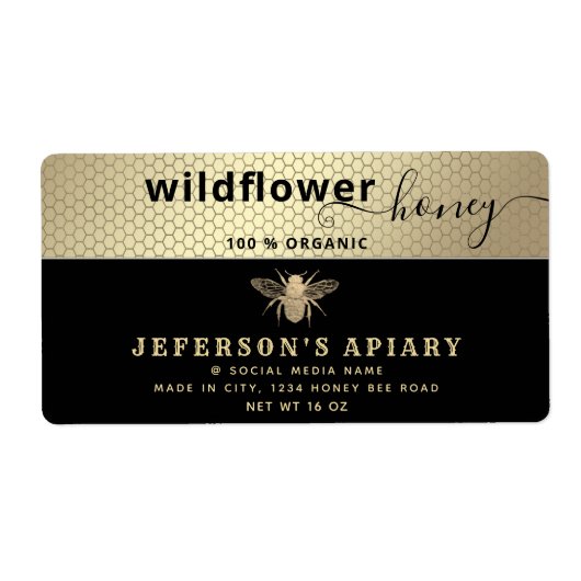 黒モダン金ゴールドビーのスクリプトHoney jar ラベル (正面)