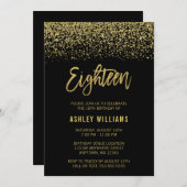 黒モダン金ゴールドフェイクグリッター18誕生日 招待状 (正面/裏面)