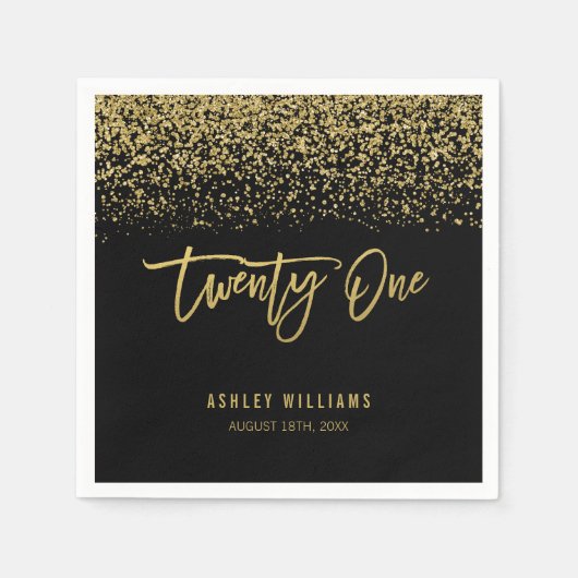 黒モダン金ゴールドフェイクグリッター21歳 スタンダードカクテルナプキン (正面)