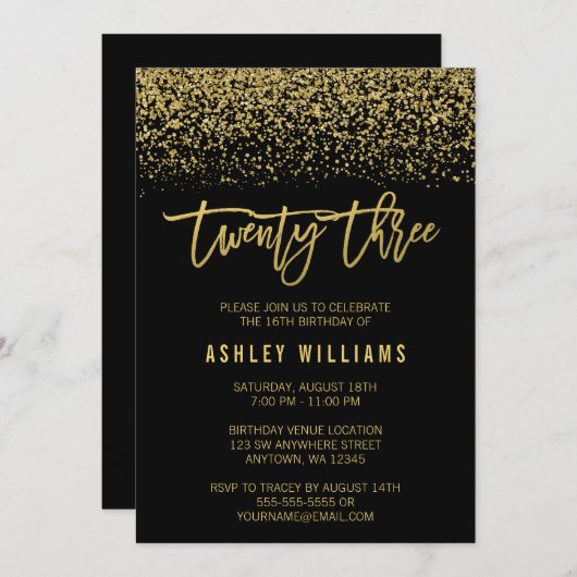 黒モダン金ゴールドフェイクグリッター23番目誕生日 招待状 (正面/裏面)