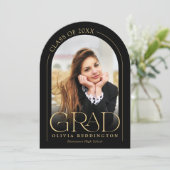 黒モダン金ゴールドフォトアーチ卒業パーティー 招待状 (スタンド正面)